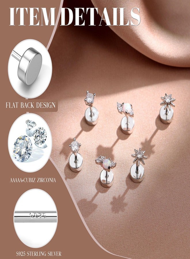 GEMQUEEN Hypoallergenic Flat Back Earrings for Women White Gold Plated Solid 925 Sterling Silver Post Stud | Cartilage Helix Conch Tragus Piercing Jewelry 3 Pairs Tiny Screw Dainty CZ Opal Earring Set Sun - Image 2